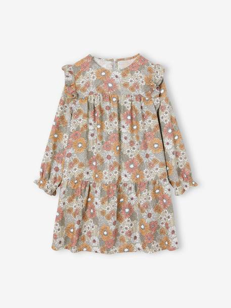 Frilly Dress with Floral Print for Girls aqua green+ecru+grey blue+night blue+old rose 