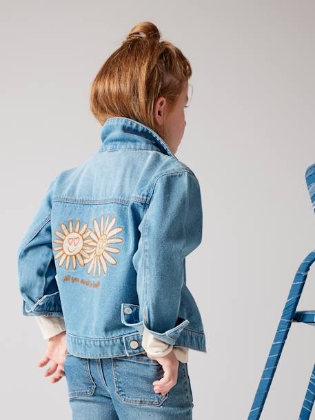 Denim Jacket with Pop Flowers Animation on the Back for Girls stone 