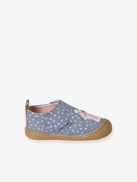 Fabric Indoor Shoes in Printed Fabric, with Hook-&-Loop Strap, for Babies chambray blue+printed white 