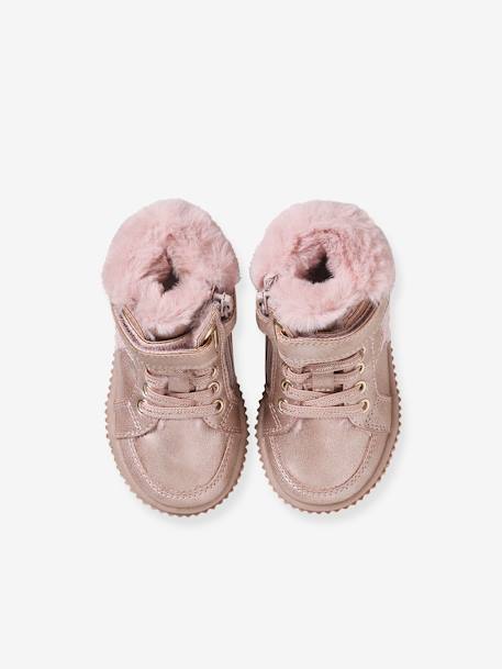 Fur-Lined Trainers with Laces, Hook & Loop Strap & Zip, for Babies nude pink 
