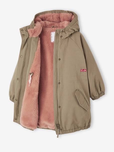 Hooded Parka with Faux Fur Lining for Girls khaki+old rose 