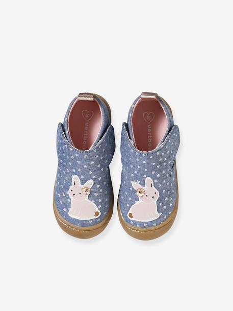 Fabric Indoor Shoes in Printed Fabric, with Hook-&-Loop Strap, for Babies chambray blue+printed white 
