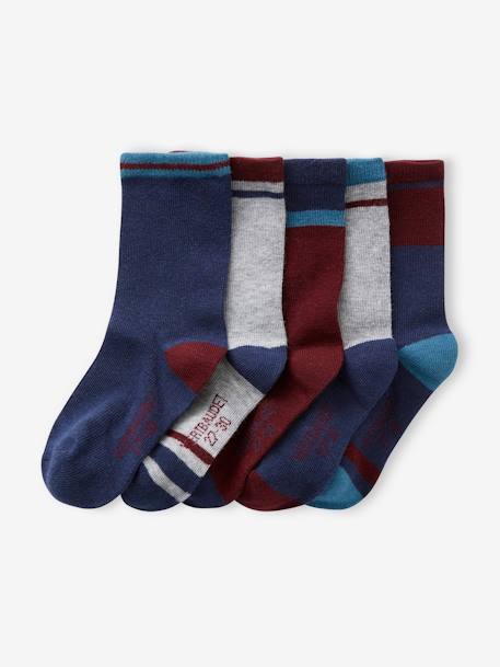 Pack of 5 Pairs of Colourblock Socks for Boys bordeaux red+green 