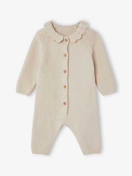 Knitted Jumpsuit with Crochet Collar for Babies ecru 
