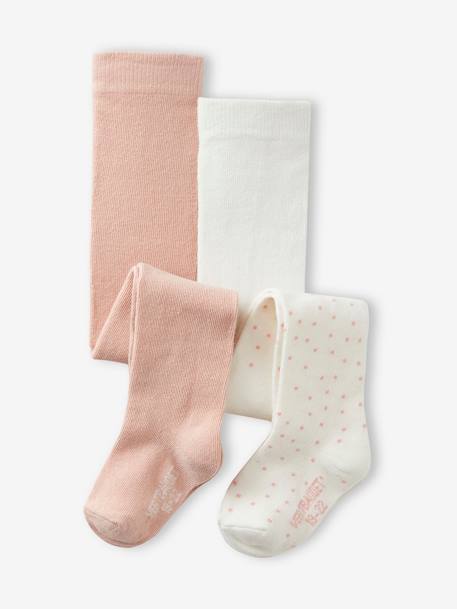 Pack of 2 Pairs of Tights, Dots/Plain, for Baby Girls rosy 