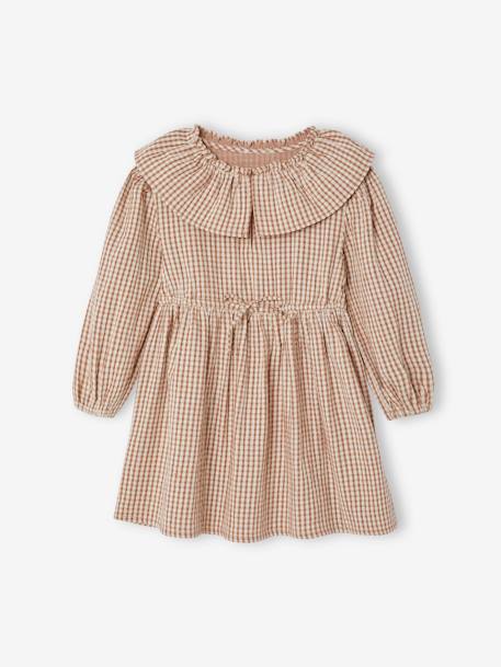 Gingham Dress with Wide Neckline, for Girls chequered brown 