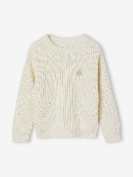 Rib Knit Jumper with Iridescent Patch, for Girls ecru+rosy 
