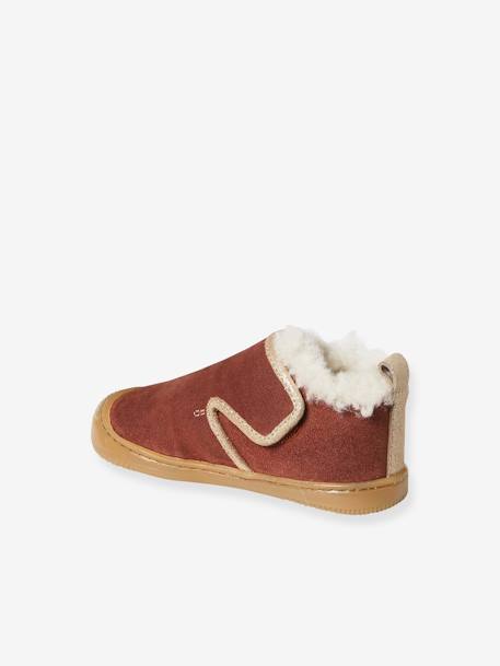 Indoor Shoes in Smooth Leather with Hook-&-Loop Strap and Furry Lining, for Babies old rose 