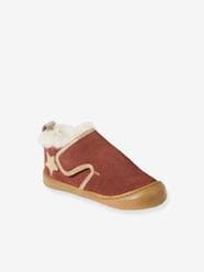 Indoor Shoes in Smooth Leather with Hook-&-Loop Strap and Furry Lining, for Babies