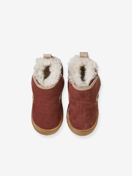 Indoor Shoes in Smooth Leather with Hook-&-Loop Strap and Furry Lining, for Babies old rose 