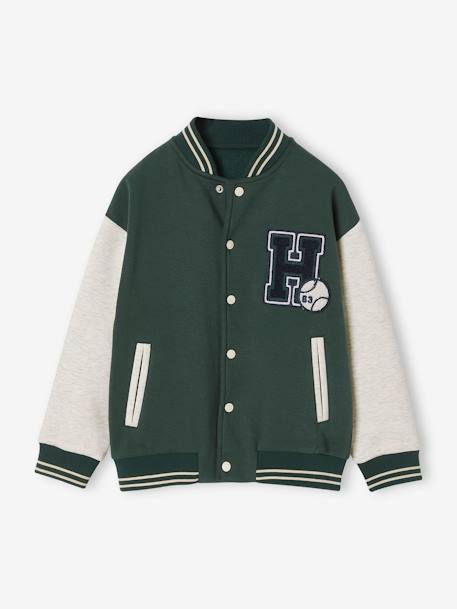 College-Type Jacket in Fleece, Patch in Bouclé Knit, for Boys fir green+navy blue 