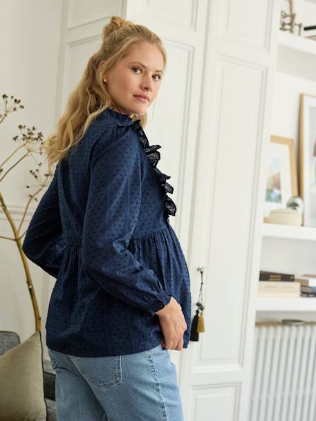 Frilly Blouse in Plumetis for Maternity navy blue 