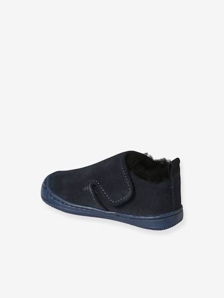 Indoor Shoes in Smooth Leather with Fur Lining & Hook-&-Loop Strap, for Babies navy blue 