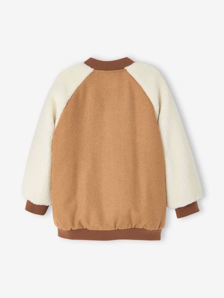 College-Style Dual Fabric Jacket, Bouclé Knit Letter, for Girls camel 
