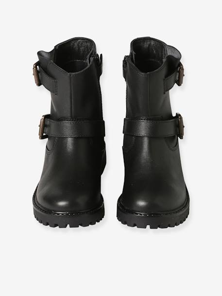Leather Ankle Boots with Straps & Zips for Girls black 