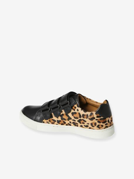 Leather Trainers with Hook&Loop Straps, Leopard Print printed black 