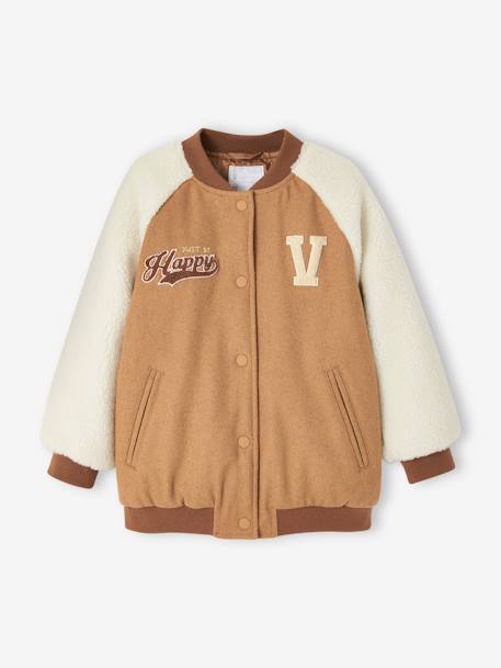 College-Style Dual Fabric Jacket, Bouclé Knit Letter, for Girls camel 