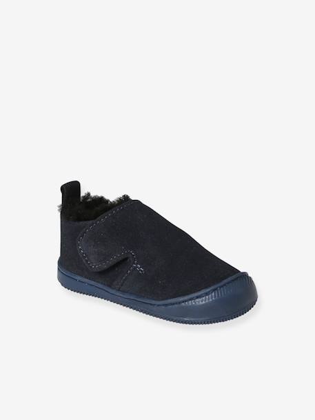 Indoor Shoes in Smooth Leather with Fur Lining & Hook-&-Loop Strap, for Babies navy blue 