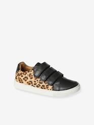 Shoes-Leather Trainers with Hook&Loop Straps, Leopard Print