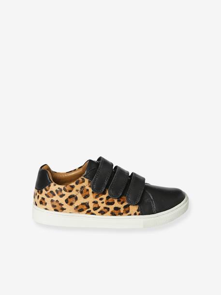 Leather Trainers with Hook&Loop Straps, Leopard Print printed black 