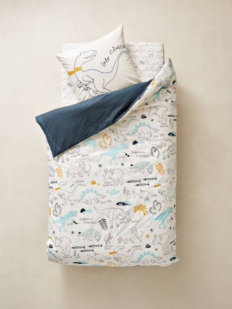 Children's Reversible Duvet Cover & Pillowcase Set, Dinorama Theme Dark Blue/Print 