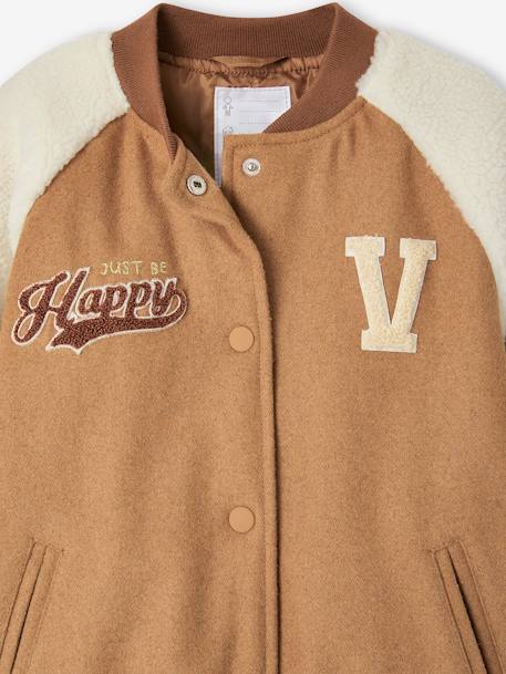 College-Style Dual Fabric Jacket, Bouclé Knit Letter, for Girls camel 