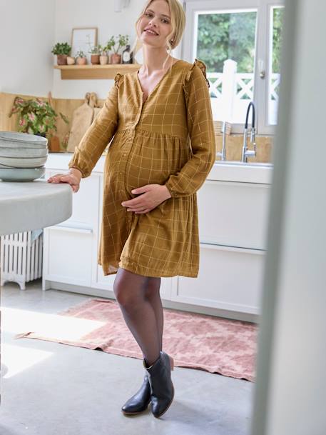 Short Dress with Iridescent Checks, Maternity & Nursing Special khaki 