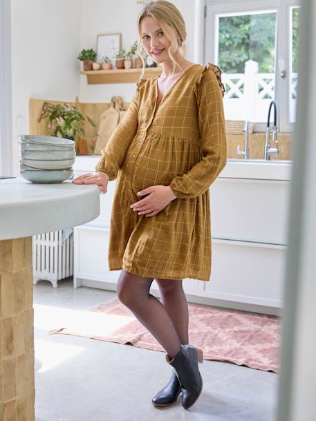 Short Dress with Iridescent Checks, Maternity & Nursing Special khaki 
