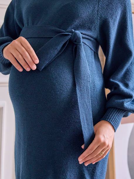 Mid-Length Jumper Dress with Belt for Maternity ocean blue 