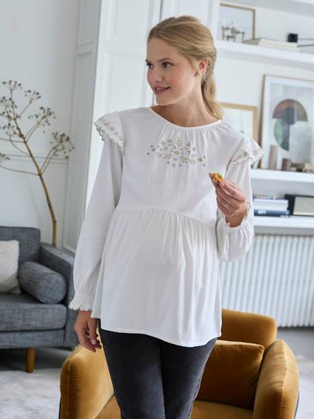 Embroidered Blouse in Cotton Gauze & Viscose for Maternity ecru 