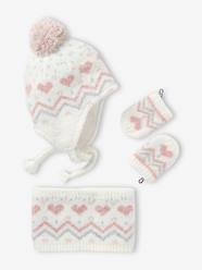 Fluffy Jacquard Knit Beanie + Snood + Mittens Set for Baby Girls