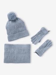 Girls-Beanie + Snood + Mittens Set in Shimmering Cable-Knit