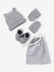 Rib Knit Beanie + Mittens + Booties + Pouch Set for Newborn Babies