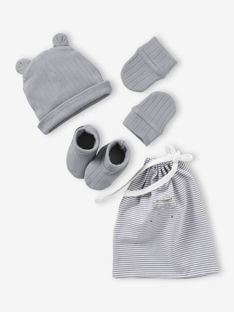Rib Knit Beanie + Mittens + Booties + Pouch Set for Newborn Babies grey blue 