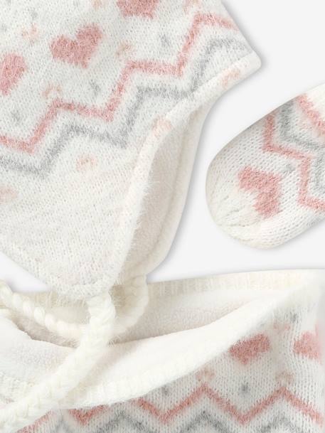 Fluffy Jacquard Knit Beanie + Snood + Mittens Set for Baby Girls ecru 