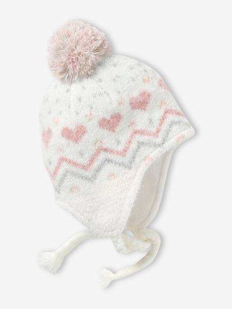 Fluffy Jacquard Knit Beanie + Snood + Mittens Set for Baby Girls ecru 