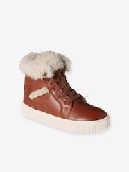 Shoes-High Top Leather Trainers with Faux Fur for Girls