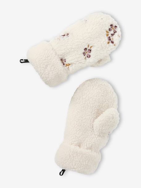 Sherpa Mittens with Embroidered Flowers, for Girls ecru 