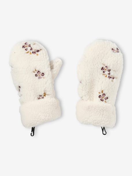 Sherpa Mittens with Embroidered Flowers, for Girls ecru 