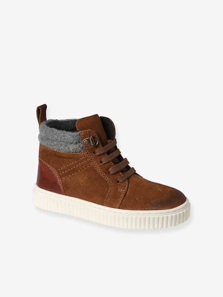 High Top Leather Trainers with Laces & Zip, for Children brown 
