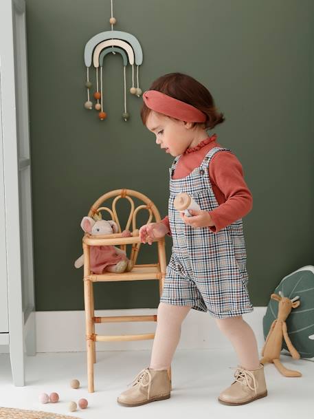 Chequered Dungaree Shorts, Rib Knit Top & Matching Headband Outfit for Babies old rose 