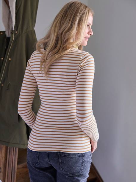Long-Sleeved Maternity Top ochre+White Stripes 