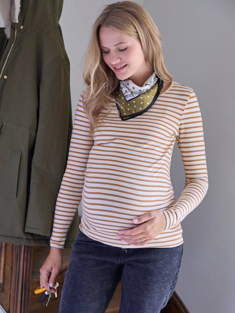 Long-Sleeved Maternity Top ochre+White Stripes 