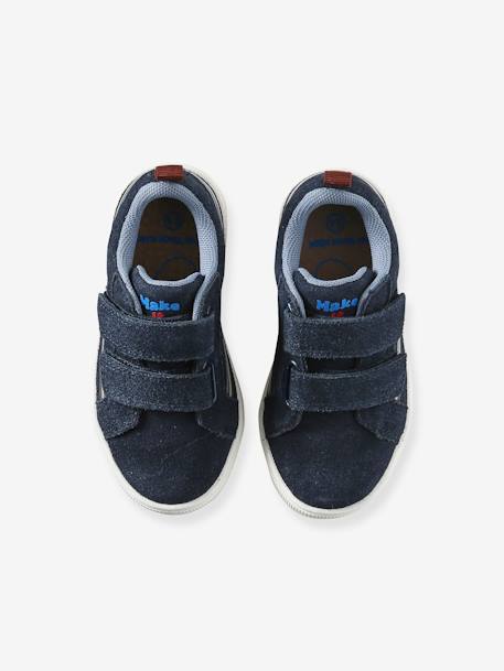 Leather Trainers with Hook-and-Loop Straps for Children, Designed for Autonomy navy blue 