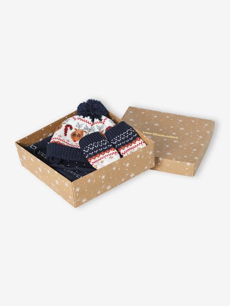 Christmas Gift Box: Reindeer Beanie + Snood + Mittens Set for Baby Boys navy blue 