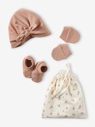 Baby-Accessories-Hats, Scarves, Gloves-Beanie + Mittens + Booties + Pouch Set for Newborn Girls