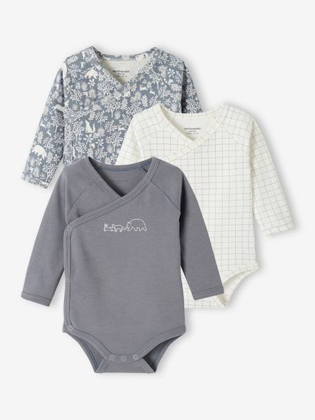 Pack of 3 Long-Sleeved Bodysuits in Organic Cotton for Newborn Babies denim blue+rosy 