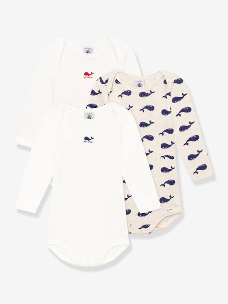 Pack of 3 Long Sleeve Whale Bodysuits in Cotton for Babies - PETIT BATEAU white 