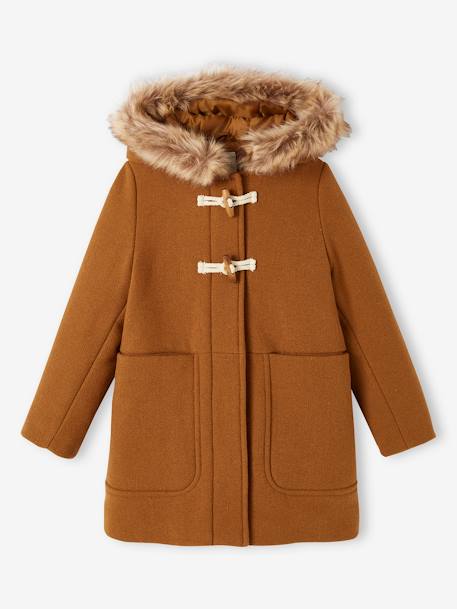Hooded Duffel Coat with Toggles, in Woollen Fabric, for Girls camel+Dark Blue 