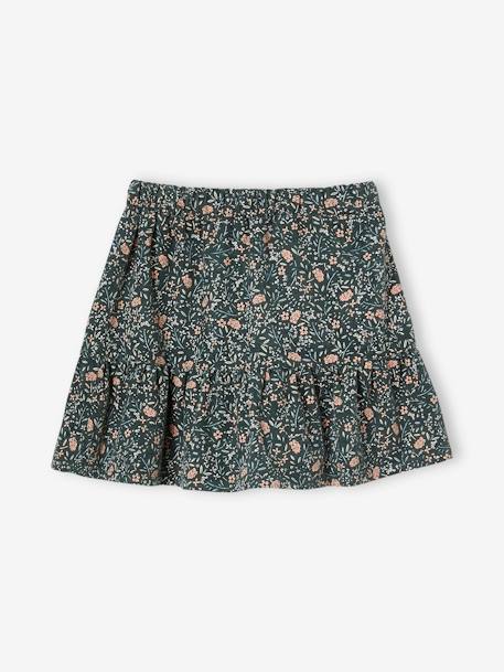 Corduroy Skirt with Ruffle & Floral Print for Girls green+old rose 